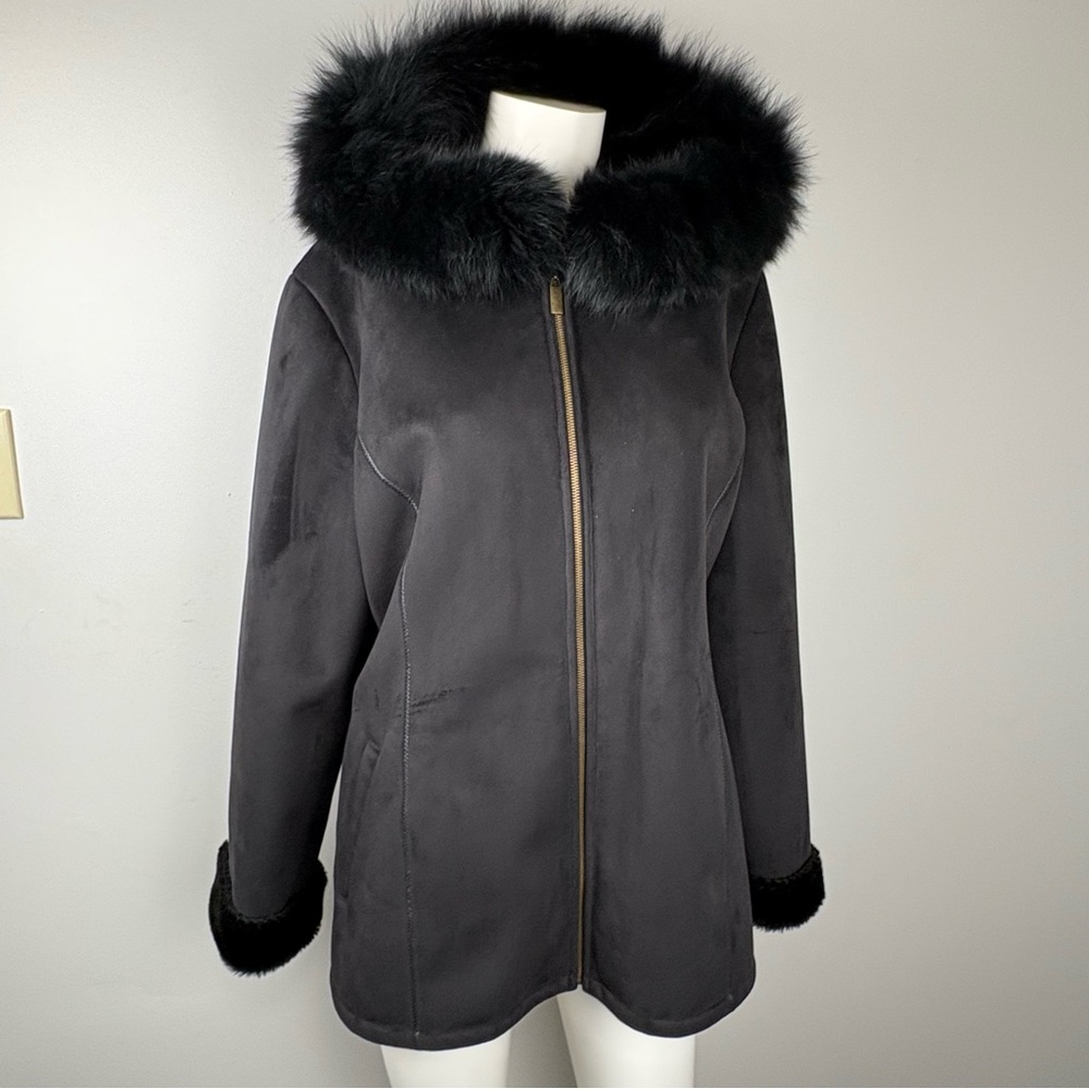 Marvin Richards Faux Suede Coat With Genuine Fox Fur Trimmed Hood Cozy Luxary